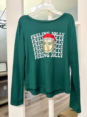 SO Green Long Sleeve "Feeling Jolly" Tee with Gold Smiley and Red Santa Hat